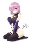  1girl artist_name bangs between_legs black_gloves black_legwear black_leotard blush breasts cleavage closed_mouth dated elbow_gloves fate/grand_order fate_(series) gloves hair_over_one_eye hand_between_legs hand_on_breast hand_on_own_chest hand_up heart highres large_breasts lavender_hair looking_at_viewer mismatched_legwear navel navel_cutout purple_gloves seiza shielder_(fate/grand_order) signature simple_background sitting smile solo subaru_(794829485) thigh-highs thigh_strap thighs violet_eyes white_background 