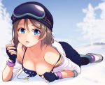  1girl aqua_legwear arm_support bare_shoulders beanie blue_bikini_top blue_eyes blue_gloves blue_hat blue_skirt blurry blush breasts brown_hair cleavage depth_of_field drawstring eyelashes fingerless_gloves fingernails front-tie_top full_body fur_trim gloves goggles goggles_on_head goggles_on_headwear grey_shoes hair_between_eyes hat jacket lipstick looking_at_viewer love_live! love_live!_school_idol_festival love_live!_sunshine!! lying makeup medium_breasts miniskirt nanotsuki off_shoulder on_stomach open_clothes open_jacket pantyhose parted_lips pleated_skirt polka_dot polka_dot_legwear print_legwear purple_legwear shadow shoe_soles shoes short_hair skirt sleeves_past_elbows socks_over_pantyhose solo star strap_slip tree unzipped watanabe_you winter_clothes 