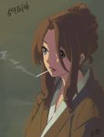  1girl absurdres artist_request brown_eyes brown_hair commentary highres japanese_clothes kimi_no_na_wa kimono okudera_miki sidelocks smoking 