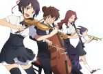  1boy 3girls alternate_costume asao-vc black_hair black_legwear blue_eyes brown_eyes brown_hair cello commentary_request flute hair_ribbon instrument kimi_no_na_wa kneehighs miyamizu_mitsuha miyamizu_yotsuha multiple_girls music okudera_miki open_mouth playing_instrument red_ribbon ribbon smile tachibana_taki thigh-highs trumpet twintails violin white_legwear 