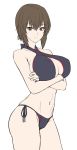  1girl bangs bikini black_bikini breast_hold breasts cleavage closed_mouth cowboy_shot crossed_arms female flat_color girls_und_panzer large_breasts looking_at_viewer navel nishizumi_maho short_hair side-tie_bikini simple_background solo standing swimsuit white_background zucchini 