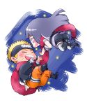  1boy 1girl blonde_hair blush chibi closed_eyes forehead_protector hyuuga_hinata lavender_eyes long_hair looking_at_another naruto naruto:_the_last open_mouth oretto_(ring) scarf shared_scarf smile uzumaki_naruto whisker_markings 