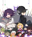  3boys ahoge akamatsu_kaede amami_rantarou android anger_vein arm_rest arm_up baseball_cap blue_hair character_doll checkered_scarf dangan_ronpa gakuran green_eyes hair_between_eyes harukawa_maki hat hoshi_ryouma keebo looking_afar looking_at_viewer lying male_focus multiple_boys new_dangan_ronpa_v3 oie13 on_stomach ouma_kokichi pinstripe_pattern pointing pointing_at_viewer purple_hair saihara_shuuichi scarf school_uniform silver_hair sitting smile toujou_kirumi violet_eyes white_skin yonaga_angie yumeno_himiko 