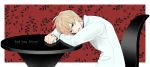  1boy alice?_(are_you_alice?) are_you_alice? artist_request blonde_hair blue_eyes chair copyright_name formal head_on_hand highres male_focus open_mouth short_hair sitting solo suit table text white_suit 