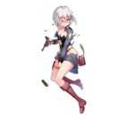  1girl artist_request blush boots brown_eyes covering covering_crotch full_body girls_frontline gloves gun handgun knee_boots looking_at_viewer luger_p08 official_art p08_(girls_frontline) pistol short_hair silver_hair skirt solo thigh_strap torn_clothes torn_skirt transparent_background weapon 