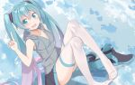  1girl aqua_eyes aqua_hair beek full_body hatsune_miku highres hood hoodie index_finger_raised long_hair looking_at_viewer nail_polish open_mouth pigeon-toed shoes_removed sitting sleeveless sleeveless_hoodie solo thigh-highs twintails very_long_hair vocaloid white_legwear 