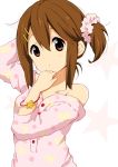  1girl alternate_hairstyle arm_behind_head bracelet hair_between_eyes hair_ornament hair_scrunchie hairclip hand_up hirasawa_yui jewelry k-on! looking_at_viewer ragho_no_erika scrunchie shirt_slip side_ponytail sleepwear solo star starry_background upper_body white_background 