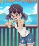  1girl bare_shoulders blue_eyes dark_skin fence food gazing_eye hand_on_own_cheek hat highres leaning looking_at_viewer peaked_cap pokemon popsicle purple_hair short_hair shorts sina_(pokemon) sunglasses 