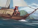  1girl animal_ears bangs blue_eyes boat borrowed_character breasts cat_ears cleavage commentary final_fantasy final_fantasy_xiv grin highres i0525 leaning_forward medium_breasts midriff miqo&#039;te ocean one_side_up pants parted_bangs redhead sailing smile solo tattoo watercraft whisker_markings 