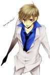  1boy alice?_(are_you_alice?) are_you_alice? artist_request blonde_hair blue_eyes blue_shirt closed_mouth copyright_name formal looking_at_viewer male_focus necktie shirt short_hair simple_background solo suit text white_background white_suit 