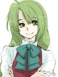  1girl 2016 4suke ahoge aqua_bow aqua_bowtie artist_name bangs blush bow bowtie closed_mouth collared_shirt crossed_arms dated eyebrows_visible_through_hair fingernails green_eyes green_hair hair_between_eyes kantai_collection lips long_hair looking_at_viewer mole mole_under_mouth red_vest school_uniform shirt simple_background smile solo upper_body vest white_background white_shirt yuugumo_(kantai_collection) 