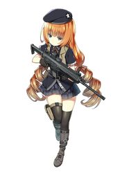  1girl :&lt; arx-160 arx-160_(girls_frontline) belt beret black_gloves black_legwear boots closed_mouth drill_hair eyebrows eyebrows_visible_through_hair full_body girls_frontline gloves gun hair_ribbon hat holding holding_gun holding_weapon holster logo looking_to_the_side magazine_(weapon) official_art orange_hair personification pleated_skirt ribbon skirt solo strap thigh-highs thigh_holster transparent_background trigger_discipline twin_drills twintails uniform vertical_foregrip walking weapon 