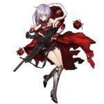  1girl alternate_costume blush boots buckle cape cross-laced_footwear dress eyebrows fingerless_gloves full_body fur-trimmed_cape fur-trimmed_sleeves gift girls_frontline gloves green_eyes grey_hair gun hair_between_eyes hair_over_one_eye hands_on_own_chest head_tilt high_heel_boots high_heels holding holding_gun holding_weapon hood hoodie knee_pads lace-up_boots looking_at_viewer machine_gun mg5 mg5_(girls_frontline) official_art personification red_gloves scarf short_hair short_sleeves solo torn_clothes torn_sleeves transparent_background trigger_discipline weapon 