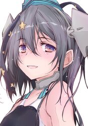  1girl aqua_headwear black_swimsuit brown_eyes competition_swimsuit eyebrows_visible_through_hair garrison_cap grey_hair hair_between_eyes hat headgear kantai_collection long_hair one-piece_swimsuit open_mouth portrait scamp_(kancolle) simple_background smile solo swimsuit white_background yumesato_makura 