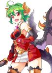  1girl ahoge contrapposto cowboy_shot demon_girl demon_horns demon_tail demon_wings elbow_gloves fang gloves gluteal_fold green_hair highres holding holding_weapon horns kure_(oshidashi-shiki_missile) looking_at_viewer miniskirt monster_girl navel open_mouth pointy_ears red_eyes rukia_moon shinrabanshou short_hair skirt smile solo tail thigh-highs weapon wings 