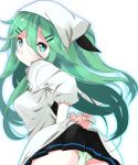  1girl alternate_costume black_ribbon black_skirt commentary_request green_hair green_panties hair_between_eyes hair_ornament hair_ribbon hairclip japanese_clothes kantai_collection kappougi ko-chin long_hair looking_at_viewer panties pleated_skirt ponytail ribbon skirt solo underwear yamakaze_(kantai_collection) 