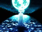  1girl artist_request dress forest full_moon in_water looking_at_viewer medium_hair moon nature night night_sky rino_(white_clarity) sky solo standing star_(sky) tree water white_clarity white_dress white_hair 