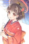 1girl bird breath commentary_request floral_print flower hair_flower hair_ornament highres japanese_clothes kimono looking_at_viewer looking_up mugicha0929 obi open_mouth oriental_umbrella original red_kimono sash snowing solo umbrella 