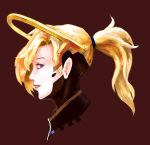  1girl absurdres blonde_hair blue_eyes elan_(elanblue) face hair_tie high_ponytail highres lips looking_at_viewer mechanical_halo mercy_(overwatch) nose overwatch parted_lips portrait profile red_background side_glance simple_background smile solo 