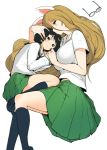  2girls black_eyes black_hair blonde_hair blush breasts character_request girls_und_panzer glasses glasses_removed hand_in_another&#039;s_hair kneehighs large_breasts long_hair lying multiple_girls nekonyaa on_side sasaki_tatsuya school_uniform serafuku short_hair size_difference white_background yuri 