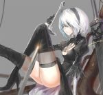  1girl ass blindfold breasts chains cleavage cleavage_cutout dress expressionless fuyuno_haruaki gloves high_heels katana mole mole_under_mouth nier_(series) nier_automata puffy_sleeves short_hair sword thigh-highs weapon white_hair yorha_unit_no._2_type_b zettai_ryouiki 