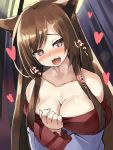  1girl :3 animal_ears bangs bare_shoulders blush breasts brown_eyes brown_hair cleavage collarbone dress eyebrows_visible_through_hair fang heart heart-shaped_pupils highres imaizumi_kagerou long_hair long_sleeves looking_at_viewer medium_breasts nose_blush open_mouth sidelocks solo strapless strapless_dress symbol-shaped_pupils tirotata touhou upper_body wolf_ears 