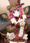  1girl bangs beltskirt blue_eyes blush breasts brown_gloves brown_skirt choker cleavage collar contrapposto corset cowboy_shot detached_collar elbow_gloves feathered_wings frilled_collar frills gears gloves goggles goggles_on_headwear grin hat large_breasts looking_at_viewer mechanical_wings original pink_hair pleated_skirt ragho_no_erika roman_numerals skirt smile solo steampunk strapless teeth top_hat tubetop watch wings 