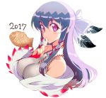 1girl 2017 bare_shoulders bow breasts feathers finger_to_mouth food hair_bow hair_feathers hair_tubes kagaminomachi_no_kaguya kaguya_(kagaminomachi_no_kaguya) kusanagi_tonbo large_breasts long_hair looking_at_viewer original purple_hair simple_background solo taiyaki upper_body violet_eyes wagashi white_background 