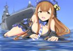  1girl aoki_hagane_no_arpeggio bell black_dress blue_ribbon breasts brown_eyes brown_hair cleavage dress highres ise_(aoki_hagane_no_arpeggio) ise_(battleship) jingle_bell ju_(old505) large_breasts long_hair military military_vehicle necktie ocean off_shoulder open_mouth ribbon ship warship watercraft 