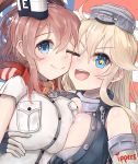  2girls anchor artist_name asymmetrical_docking blonde_hair blue_eyes breast_pocket breast_press breasts brown_hair cleavage elbow_gloves fingerless_gloves front-tie_top gloves hair_between_eyes headgear heart iowa_(kantai_collection) ippers kantai_collection large_breasts long_hair looking_at_viewer multiple_girls red_neckerchief saratoga_(kantai_collection) side_ponytail signature smile star star-shaped_pupils striped striped_legwear symbol-shaped_pupils vertical-striped_legwear vertical_stripes 