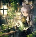  1girl animal_ears blurry braid cat_ears dark depth_of_field fantasy feathers fence flower frown glowing glowing_feather grey_eyes hands_up highres lamp lee_hyeseung light light_particles long_hair night original sad scarf shawl silver_hair solo 
