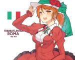  1girl adjusting_clothes adjusting_hat aquila_(kantai_collection) armpit_cutout asakawa_(outeq) blush bow breasts brown_eyes collared_shirt flower frilled_skirt frilled_sleeves frills green_bow green_ribbon hair_ornament hairclip hat high_ponytail italian_flag kantai_collection long_hair long_sleeves open_mouth orange_hair red_rose ribbon rose round_teeth shirt simple_background skirt smile solo teeth wavy_hair white_background white_shirt yellow_eyes 