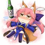  ... 1girl :&lt; alcohol animal_ears bangs blue_bow blush bottle bow chibi detached_sleeves fate/extra fate_(series) fox_ears fox_tail full-face_blush gradient gradient_background hair_bow highres japanese_clothes jitome long_hair looking_up lying on_back outstretched_arms pelvic_curtain pink_background pink_hair purple_legwear sake sake_bottle shoes solo spoken_ellipsis star starry_background subaru_(794829485) sweatdrop tail tamamo_(fate)_(all) tamamo_no_mae_(fate) thigh-highs white_background yellow_eyes 