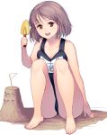  1girl :d ass breasts brown_eyes brown_hair cleavage highres looking_at_viewer masao open_mouth original sand_castle sand_sculpture school_swimsuit short_hair sitting smile solo swimsuit 
