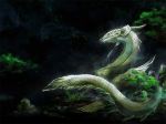  chinchira dragon dragon_horns fangs fish_tail full_body head_fins horns no_humans original scales tree 