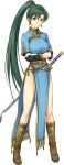  1girl absurdres artist_request bare_legs boots breasts closed_mouth crossed_arms dress earrings female fingerless_gloves fire_emblem fire_emblem:_rekka_no_ken fire_emblem_heroes full_body gloves green_eyes green_hair high_ponytail highres jewelry knee_boots leg_up long_ponytail looking_at_viewer lyndis_(fire_emblem) medium_breasts official_art pelvic_curtain side_slit simple_background smile solo standing sword transparent_background weapon 