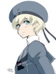  1girl 2016 4suke artist_name bangs blonde_hair blue_eyes blue_hat blue_shirt blush buttons closed_mouth clothes_writing dated flat_chest hair_between_eyes hat kantai_collection long_sleeves looking_away looking_to_the_side neckerchief sailor_collar sailor_hat shirt short_hair simple_background smile solo turtleneck upper_body white_background z1_leberecht_maass_(kantai_collection) 