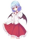 1girl alternate_costume bat_wings blue_hair blush closed_mouth cowboy_shot dress_shirt finger_to_mouth frilled_shirt_collar frills hair_between_eyes junior27016 long_sleeves looking_at_viewer no_hat no_headwear pointy_ears puffy_long_sleeves puffy_sleeves red_eyes red_skirt remilia_scarlet shirt short_hair skirt skirt_lift smile solo touhou tsurime white_background white_shirt wings 