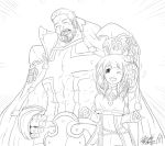  1boy 1girl bg_yowl dungeon_and_fighter female_crusader_(dungeon_and_fighter) female_priest_(dungeon_and_fighter) monk_(dungeon_and_fighter) monochrome priest_(dungeon_and_fighter) tagme white_background 