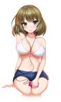  1girl ango bare_shoulders bikini bikini_top blue_eyes blush breasts brown_hair cellphone cleavage earphones earphones green_eyes heterochromia highres idolmaster idolmaster_cinderella_girls large_breasts looking_at_viewer mole mole_under_eye navel phone short_hair short_shorts shorts simple_background sitting smile solo swimsuit takagaki_kaede white_background white_bikini 