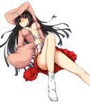  1girl :/ black_eyes black_hair breasts cleavage female hime_cut houraisan_kaguya looking_at_viewer lying medium_breasts on_back open_clothes simple_background skirt socks solo thighs touhou white_background wide_sleeves 