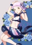  1girl arms_up blush cover cover_page doujin_cover flower hair_flower hair_ornament idolmaster idolmaster_million_live! looking_at_viewer makabe_mizuki midriff mimizubare navel open_mouth purple_hair short_hair solo wristband yellow_eyes 