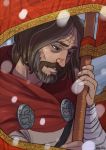  1boy artist_name banner beard brown_eyes brown_hair cape facial_hair highres lifeofapottedplant male_focus mustache rook_(banner_saga) snowing solo the_banner_saga upper_body 