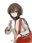  1girl 2016 4suke :&gt; ahoge artist_name bag bangs blue_eyes blush brown_hair closed_mouth cup dated drinking drinking_straw duffel_bag hair_between_eyes handbag hayasui_(kantai_collection) holding jacket kantai_collection long_sleeves looking_at_viewer simple_background smile solo strap track_jacket turtleneck upper_body white_background white_jacket zipper 