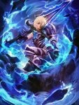  1girl alternate_costume armor black_gloves blonde_hair blue_eyes blue_fire championship_riven clenched_hand fire full_armor gauntlets gloves hair_over_one_eye highres league_of_legends lips muju nose over_shoulder reverse_trap riven_(league_of_legends) short_hair solo sword sword_over_shoulder weapon weapon_over_shoulder 