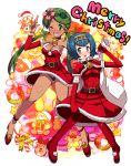  1girl 2girls ;d alternate_costume bell bell_choker belt black_panties blue_eyes blue_hair blush boots breasts bright_pupils capelet choker christmas cleavage elbow_gloves flower fur_trim gloves green_eyes green_hair hair_flower hair_ornament hairband index_finger_raised jingle_bell katsuto looking_at_viewer mallow_(pokemon) medium_breasts merry_christmas multiple_girls one_eye_closed open_mouth panties pantyshot pantyshot_(standing) pokemon pokemon_(game) pokemon_sm red_gloves sack santa_costume short_hair smile standing suiren_(pokemon) thigh-highs thigh_boots twintails underwear 