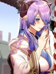  1girl alternate_costume alternate_hairstyle blue_eyes blush breasts closed_mouth doraf fingers_together granblue_fantasy hair_over_one_eye horns japanese_clothes kimono large_breasts long_hair long_sleeves narumeia_(granblue_fantasy) nochita_shin obi pointy_ears praying purple_hair sash solo upper_body wide_sleeves 