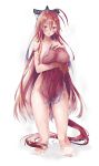  1girl blush breasts highres hiroshima_castle large_breasts long_hair naked_towel official_art red_eyes redhead shirohime_quest solo tail towel very_long_hair wading water 