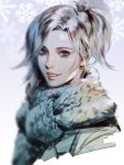  1girl blue_eyes blurry cropped_torso gradient gradient_background lips looking_at_viewer mercy_(overwatch) overwatch ponytail purple_background sae_(revirth) scarf silver_hair smile snowflakes solo winter_clothes 