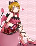  blush brown_hair devil gloves horns koizumi_hanayo love_live!_school_idol_project purple_eyes short_hair smile trident 